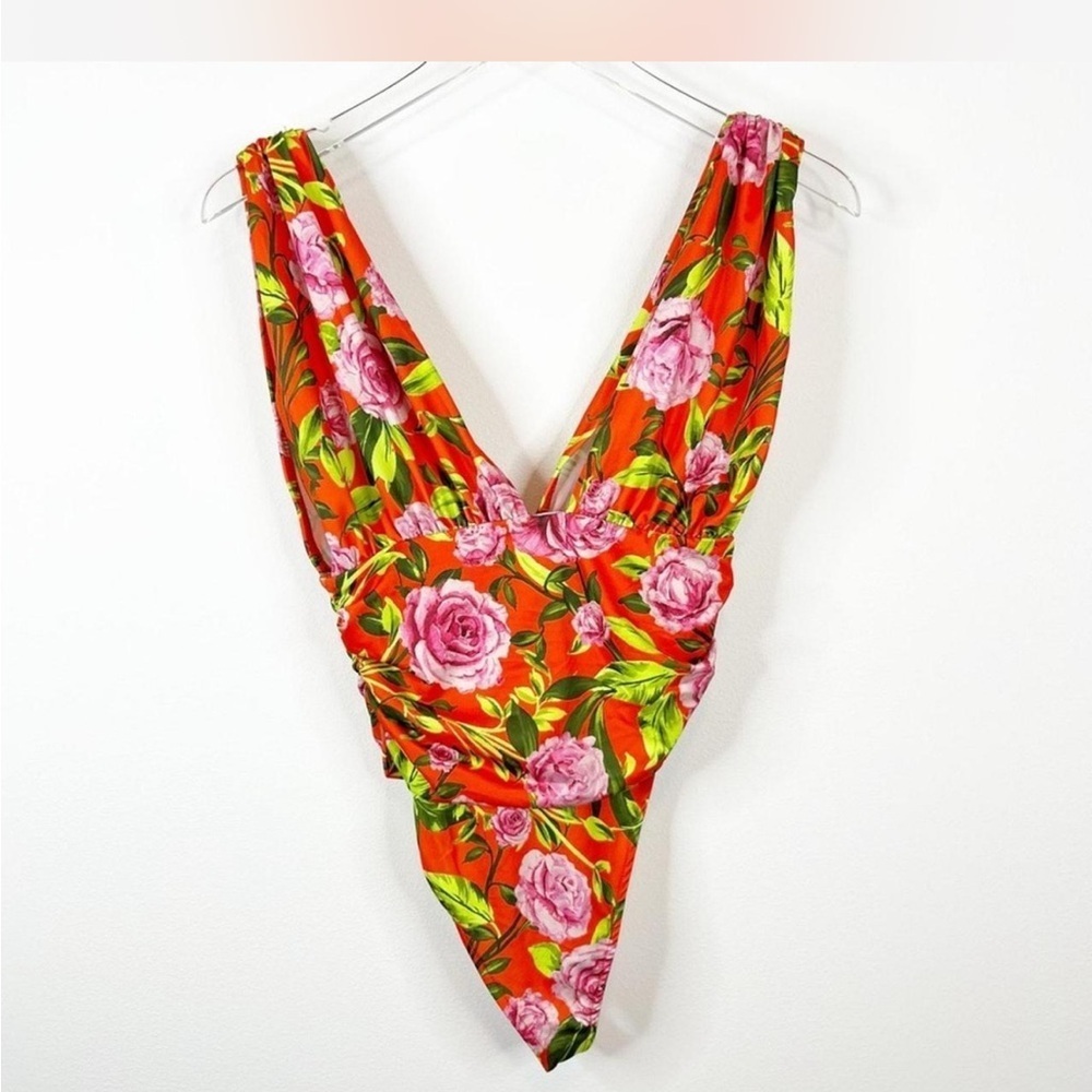 Zara Floral Ruched Draped Bodysuit Red Orange V-Neck Sleeveless Women’s Small - Picture 5 of 9